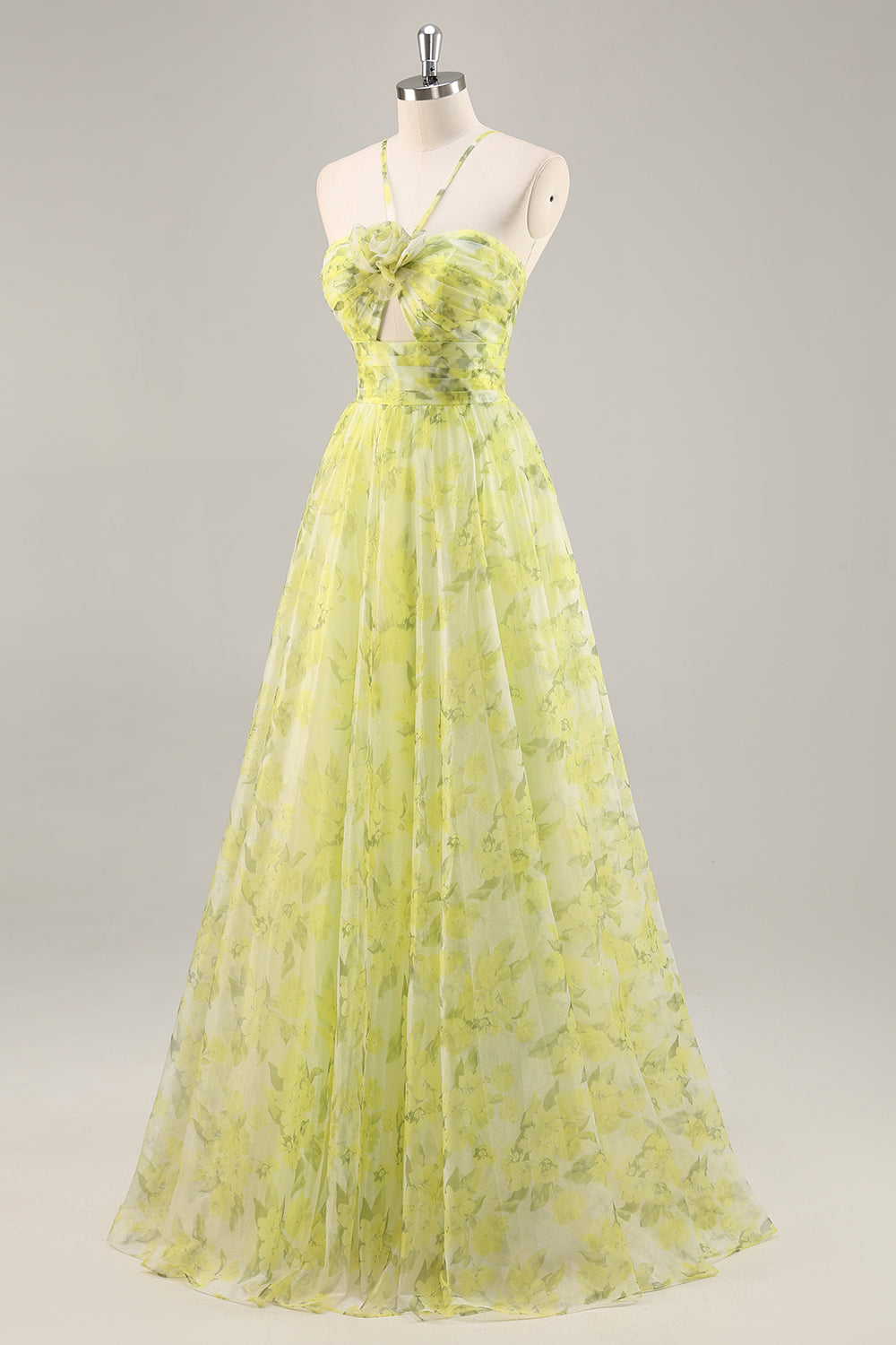 Yellow Green Floral A Line Cut Out Long Prom Dress