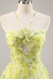 Yellow Green Floral A Line Cut Out Long Prom Dress