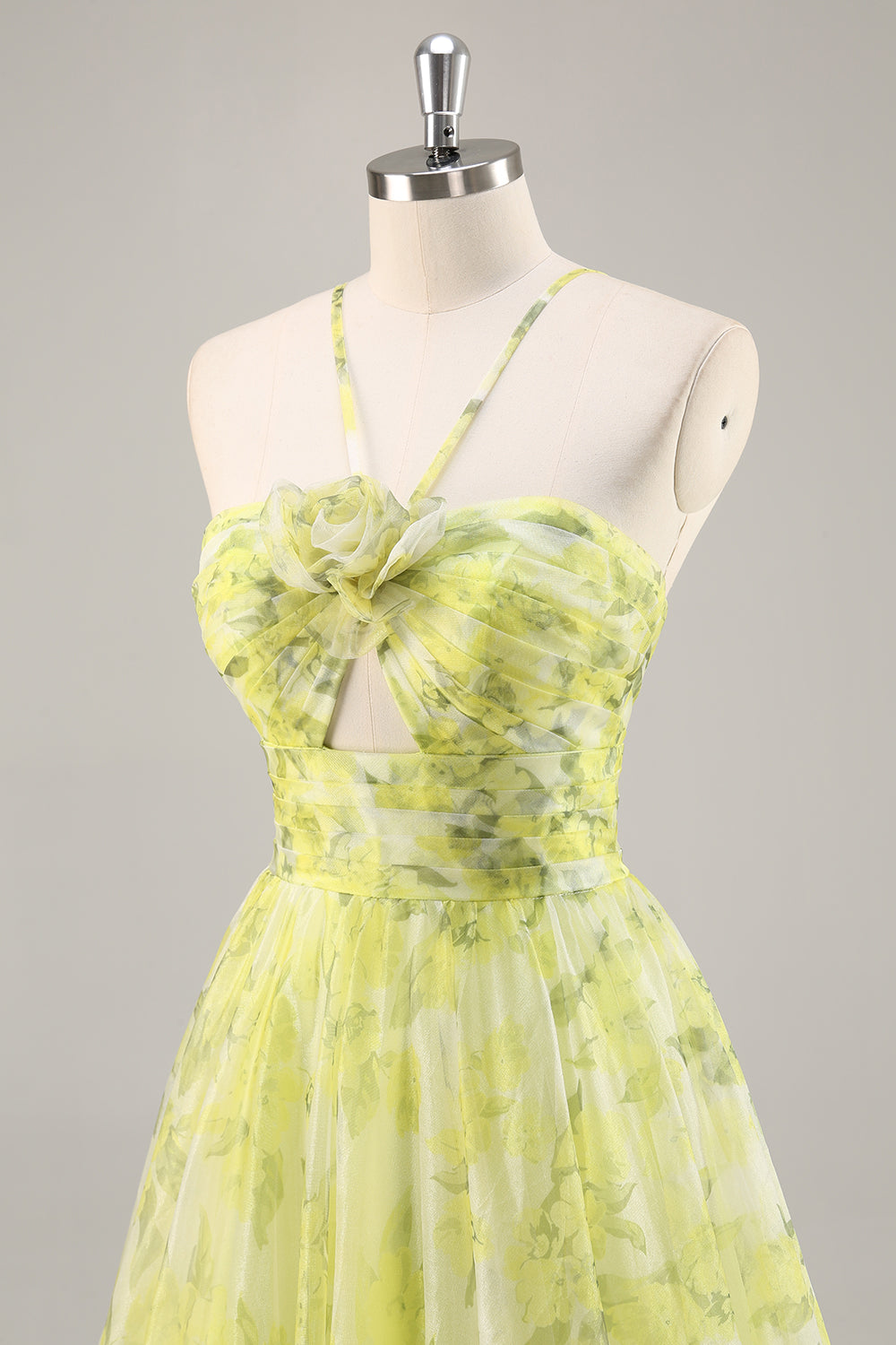 Yellow Green Floral A Line Cut Out Long Prom Dress