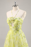 Yellow Green Floral A Line Cut Out Long Prom Dress