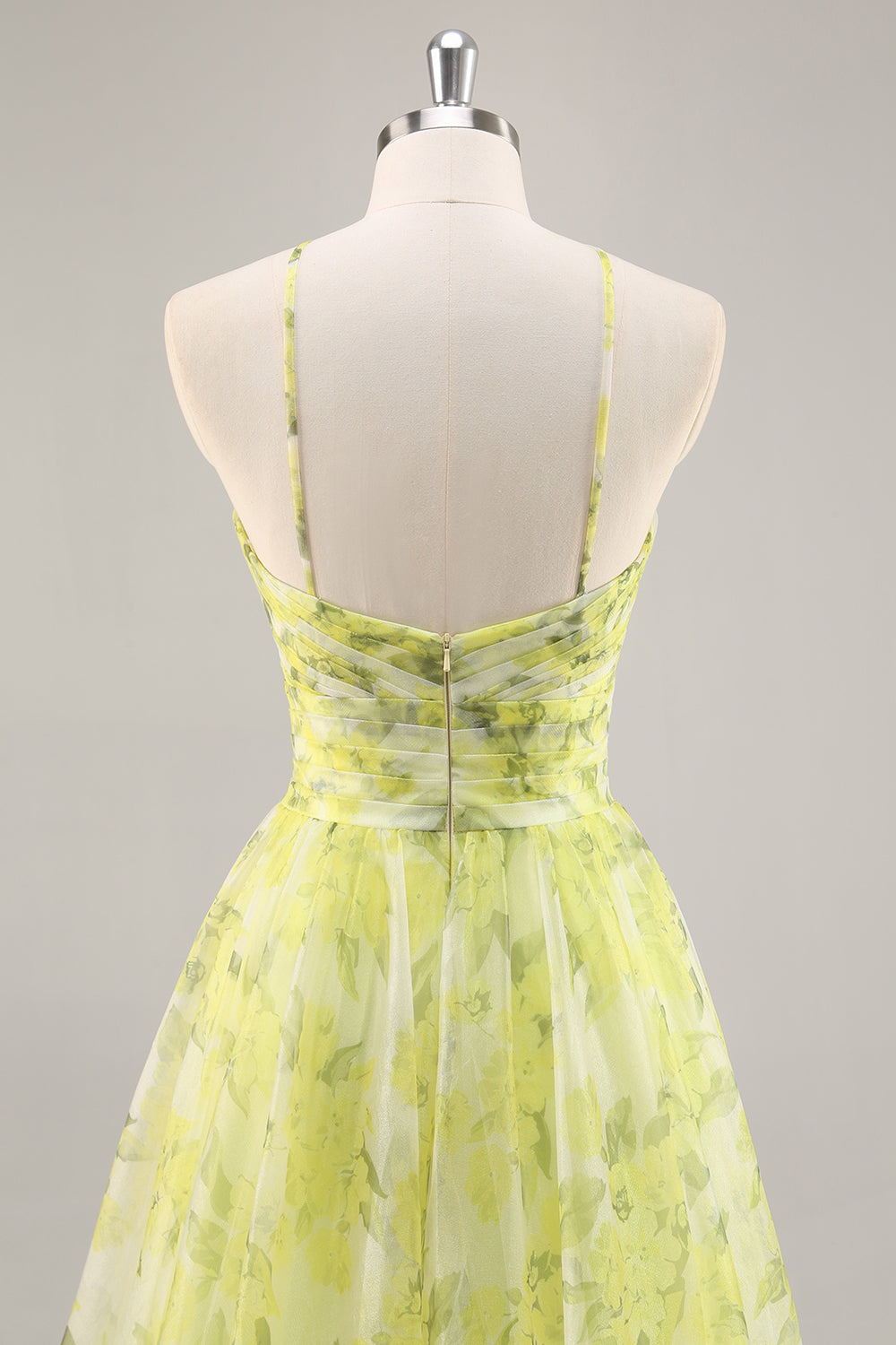 Yellow Green Floral A Line Cut Out Long Prom Dress