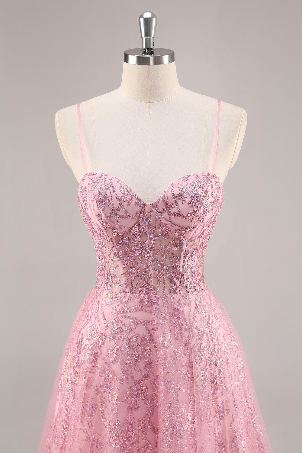 Sparkly Pink Corset A Line Long Prom Dress