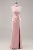 Blush High Neck Satin Ruched Long Bridesmaid Dress with Slit