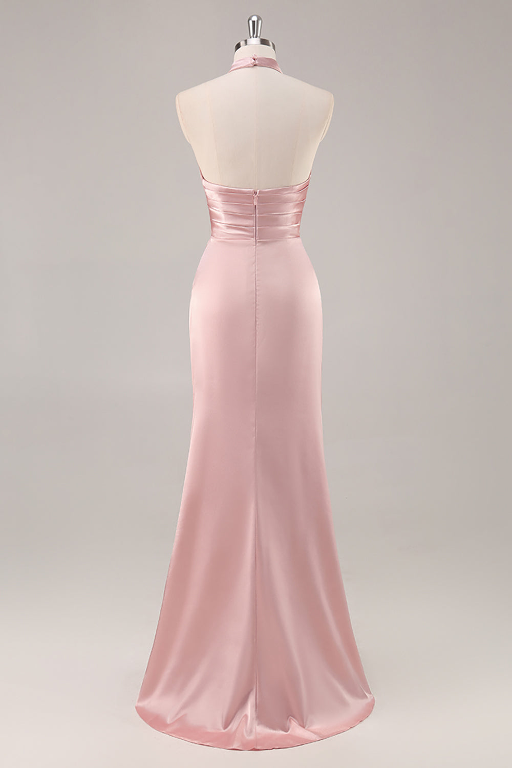 Blush High Neck Satin Ruched Long Bridesmaid Dress with Slit