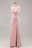 Blush High Neck Satin Ruched Long Bridesmaid Dress with Slit