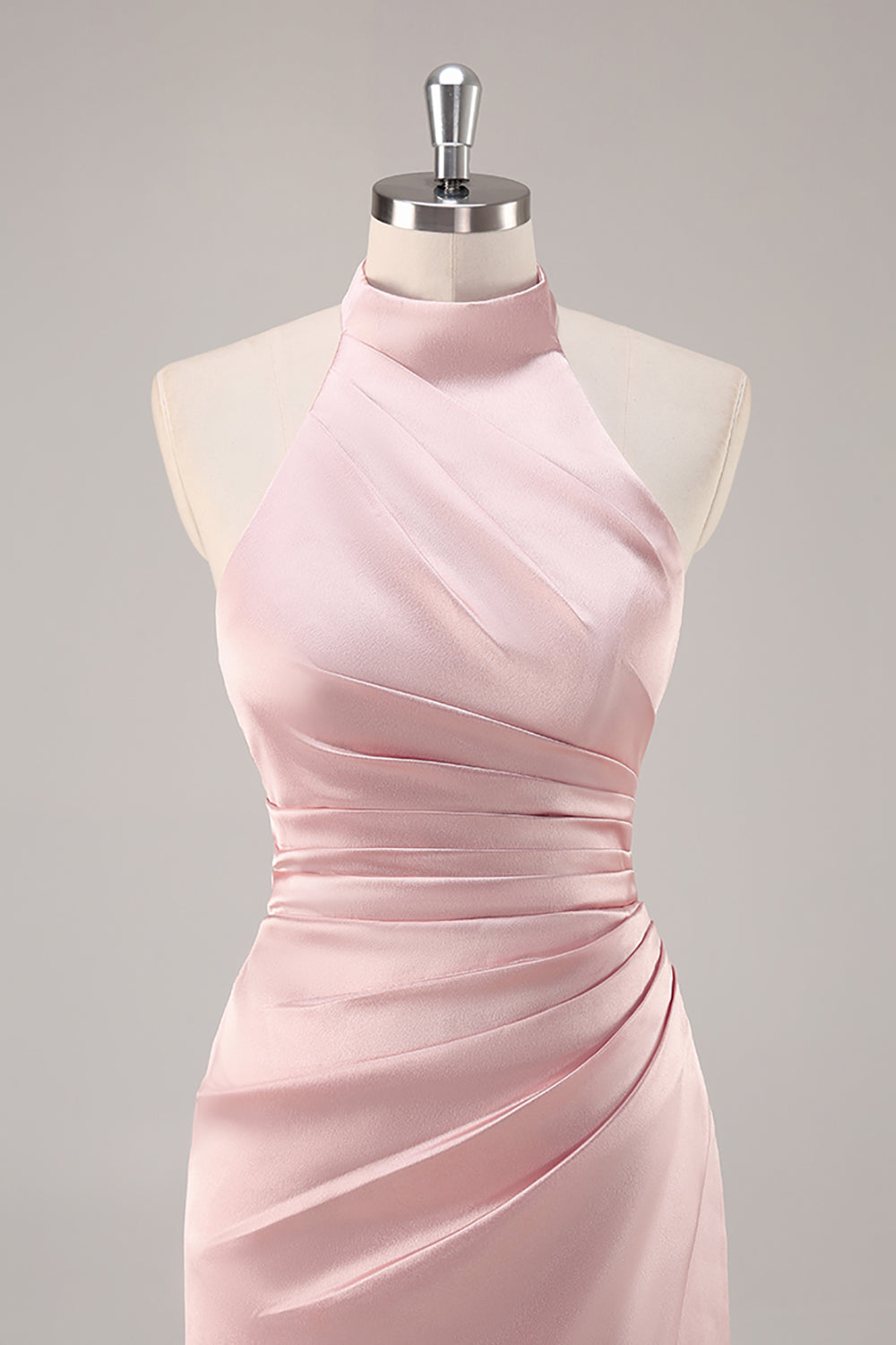 Blush High Neck Satin Ruched Long Bridesmaid Dress with Slit