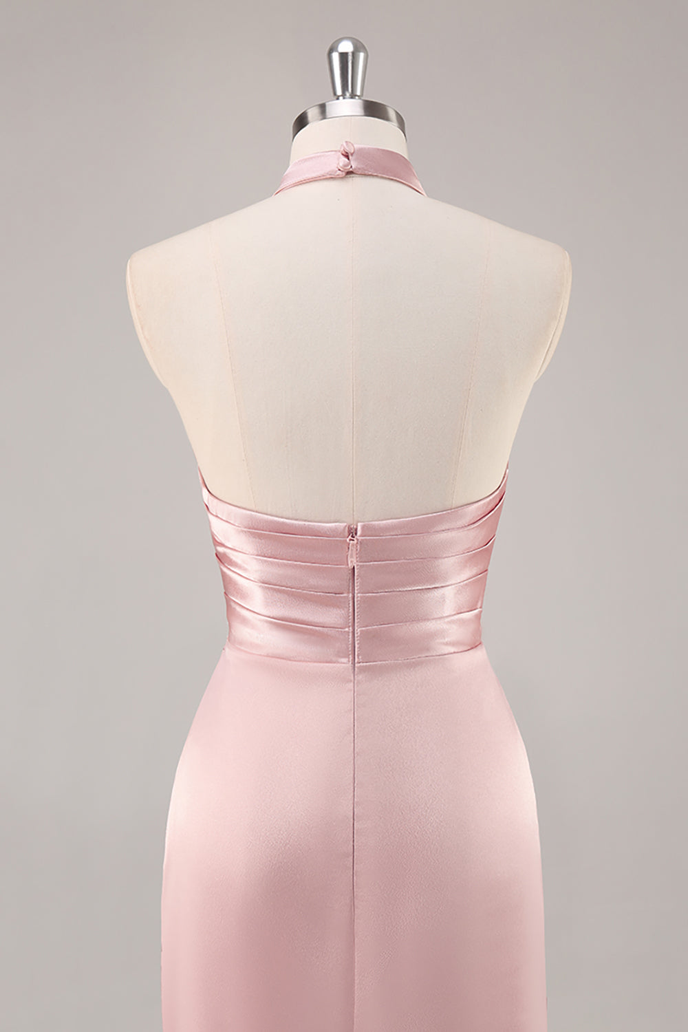 Blush High Neck Satin Ruched Long Bridesmaid Dress with Slit