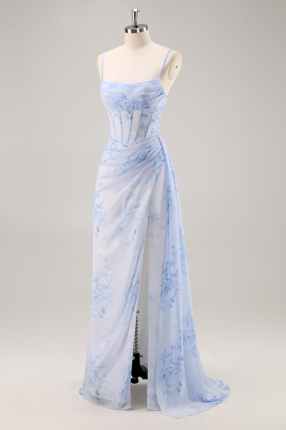 Blue Floral Mermaid Corset Long Bridesmaid Dress with Slit