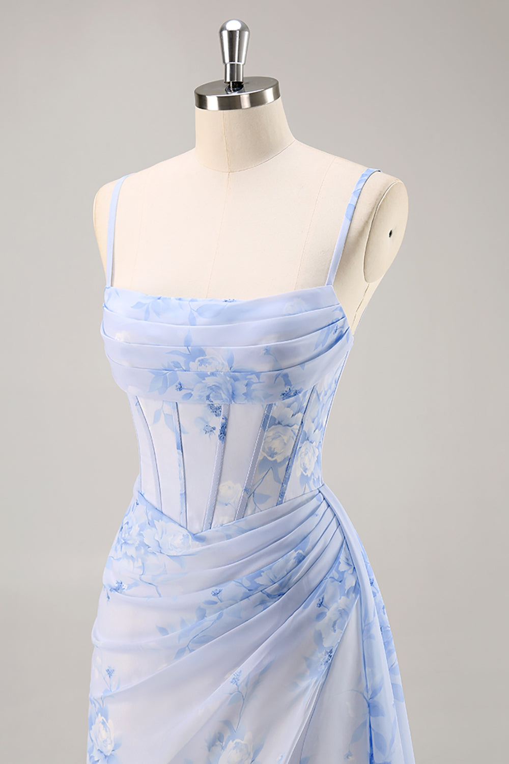 Blue Floral Mermaid Corset Long Bridesmaid Dress with Slit