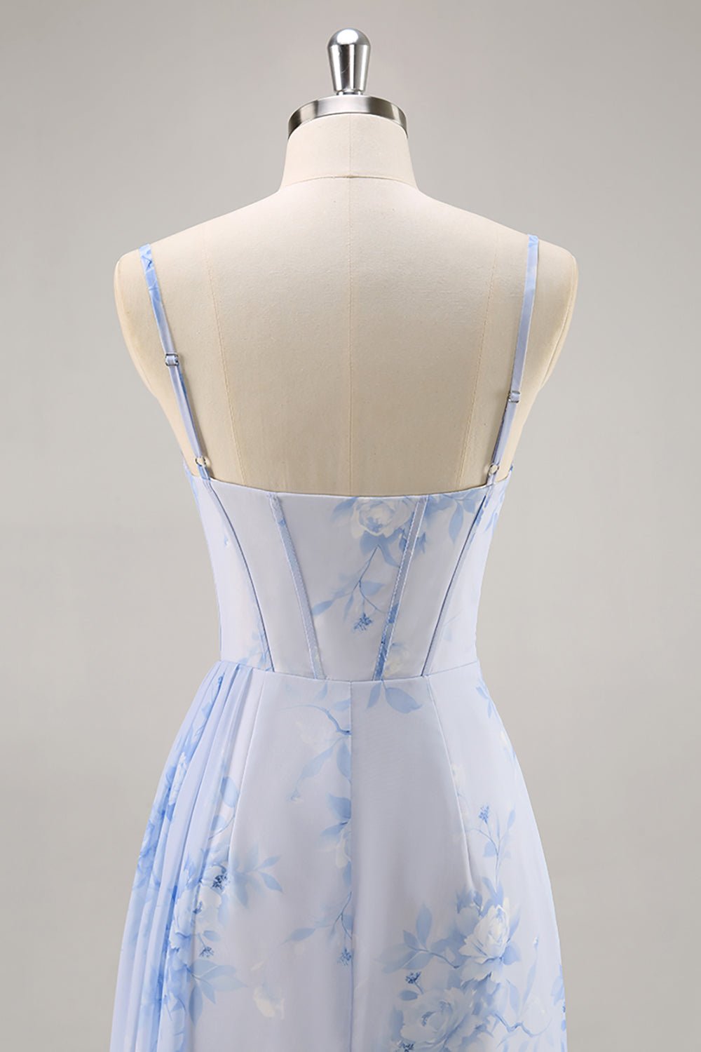 Blue Floral Mermaid Corset Long Bridesmaid Dress with Slit