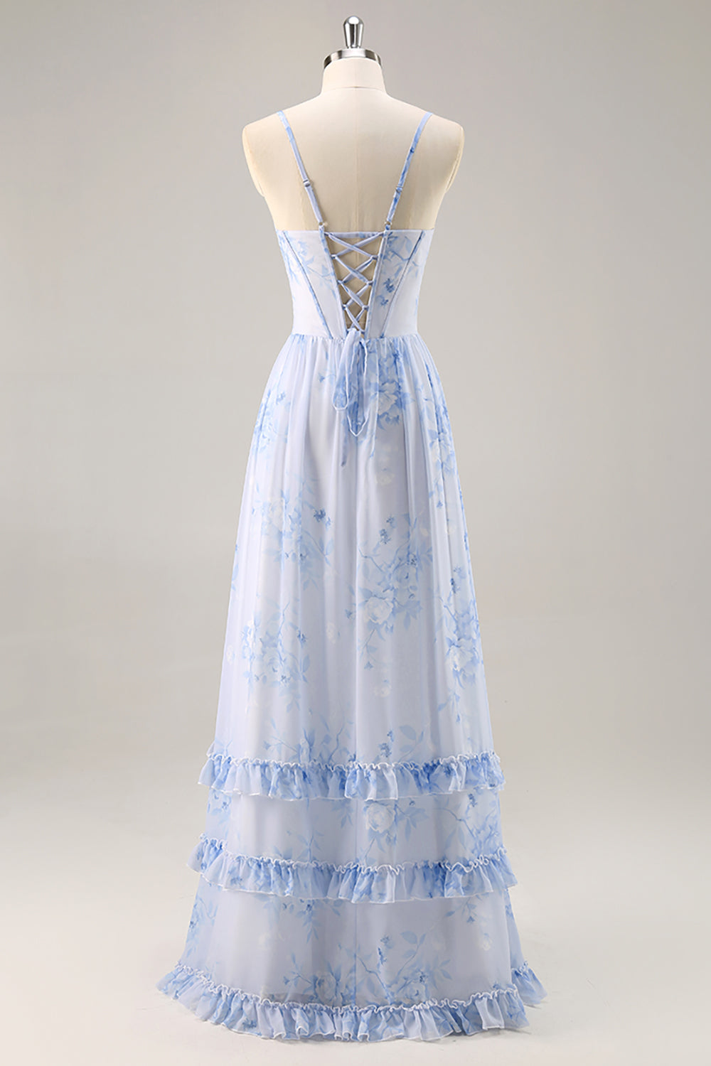 Blue Floral Corset Chiffon Long Bridesmaid Dress with Slit