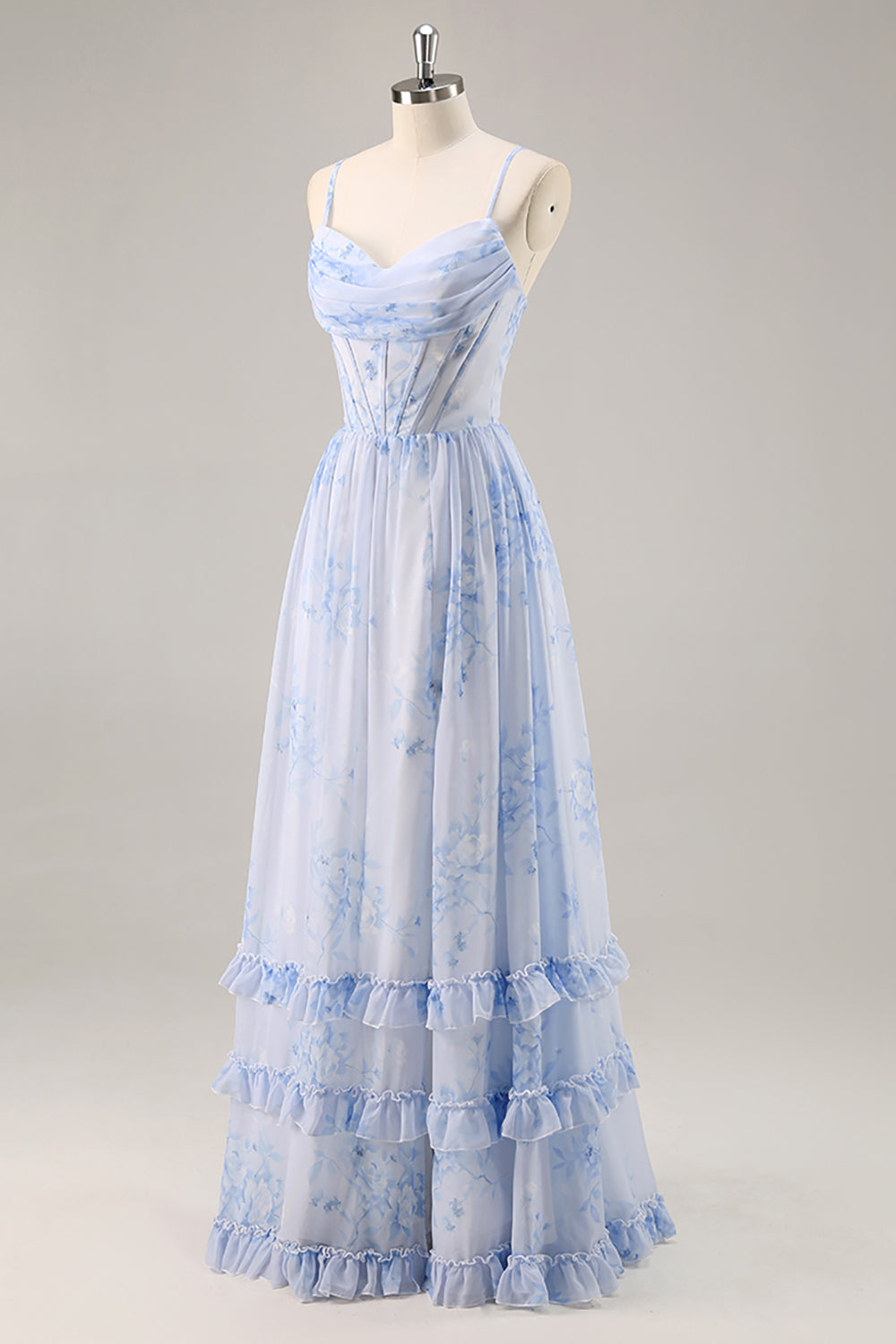 Blue Floral Corset Chiffon Long Bridesmaid Dress with Slit