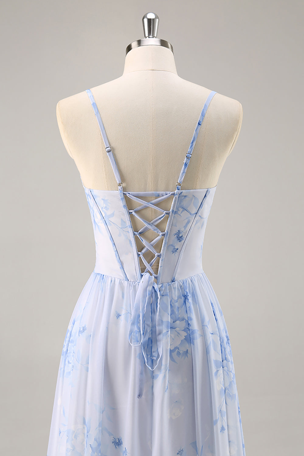 Blue Floral Corset Chiffon Long Bridesmaid Dress with Slit