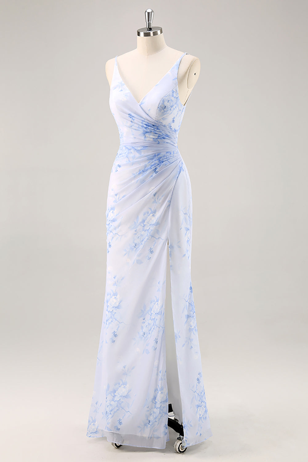 Blue Floral Ruched Chiffon Long Bridesmaid Dress with Slit