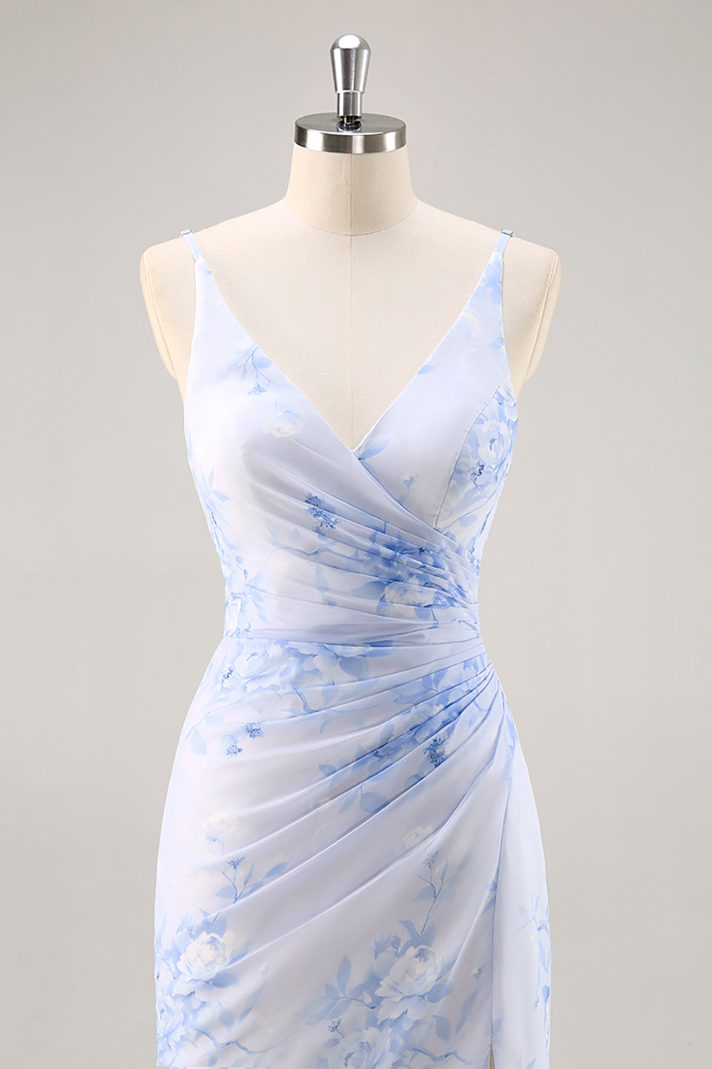 Blue Floral Ruched Chiffon Long Bridesmaid Dress with Slit