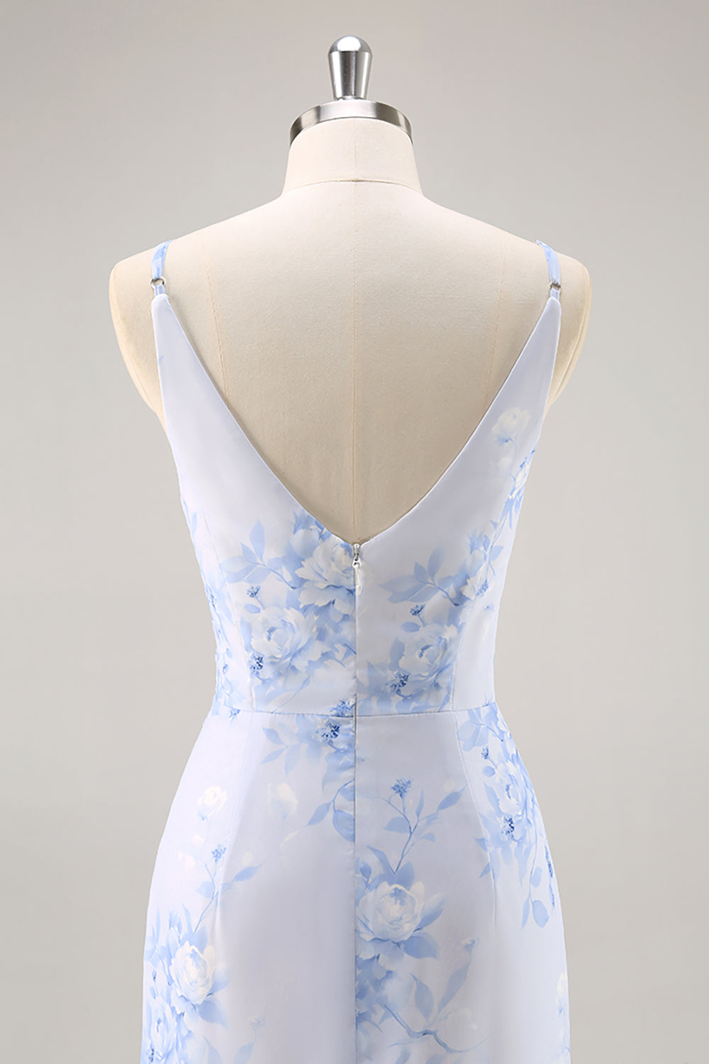 Blue Floral Ruched Chiffon Long Bridesmaid Dress with Slit