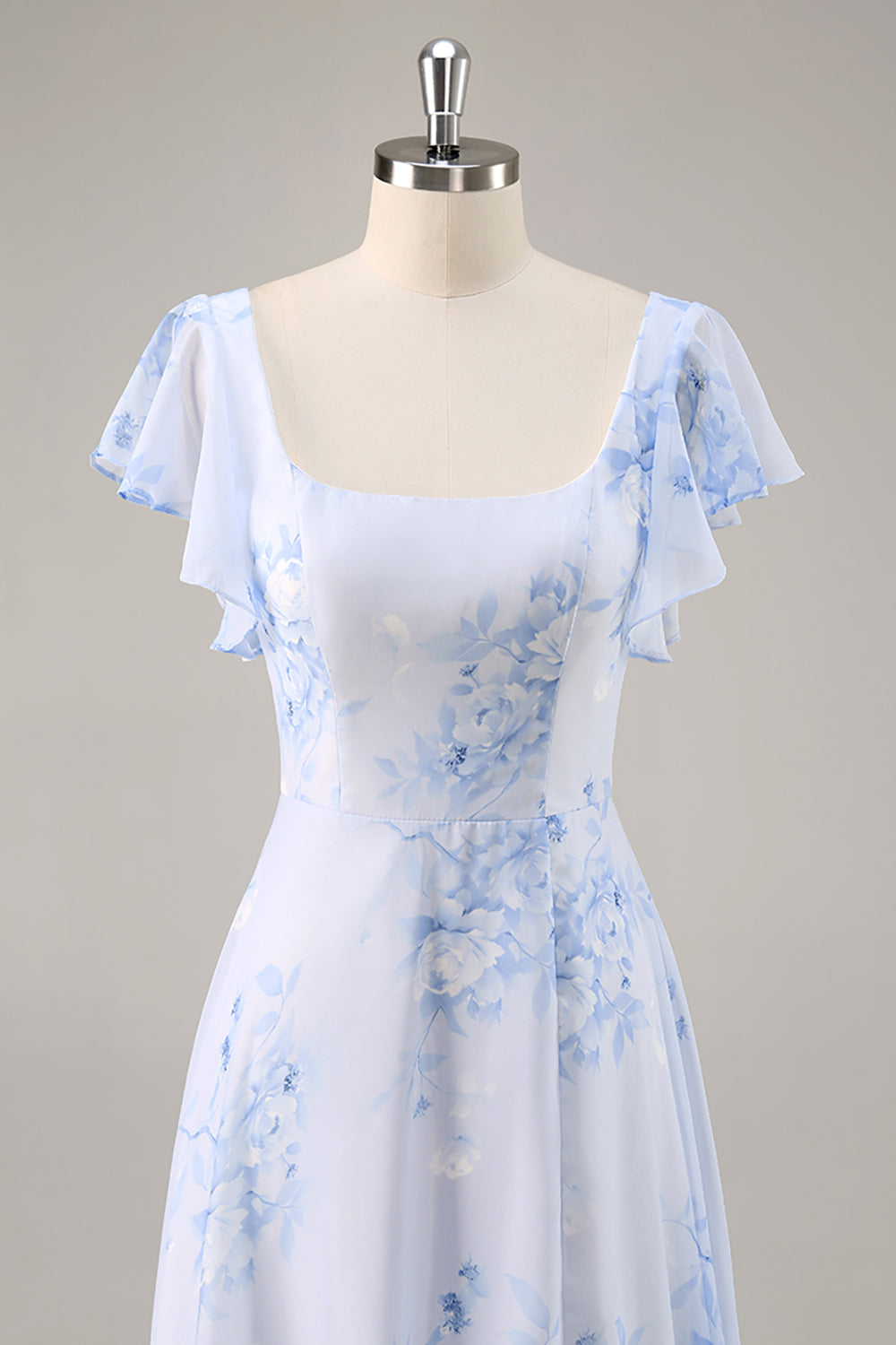 Blue Chiffon Floral Scoop Neck Long Bridesmaid Dress with Ruffles