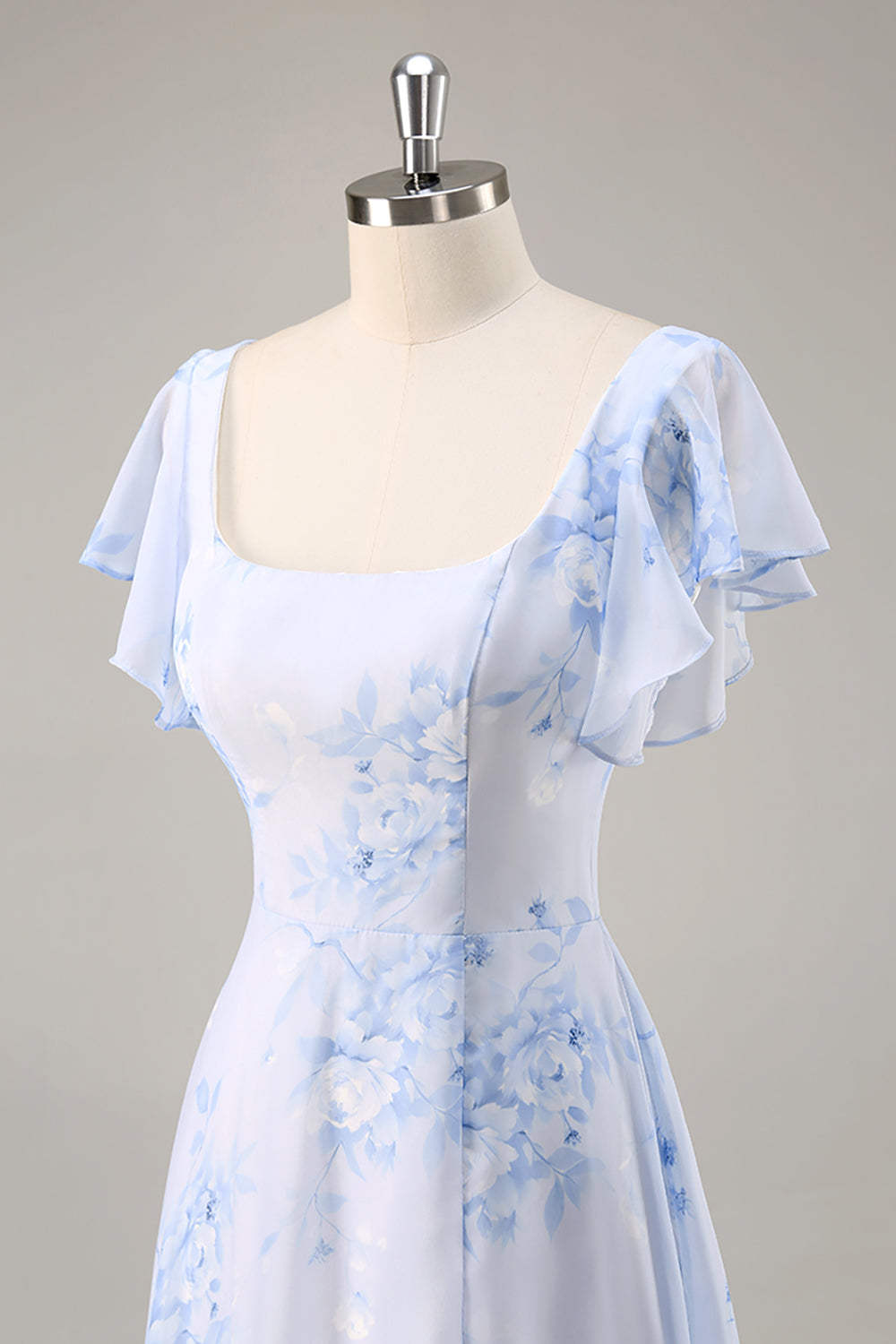 Blue Chiffon Floral Scoop Neck Long Bridesmaid Dress with Ruffles