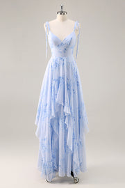 Blue Chiffon Floral A Line Long Bridesmaid Dress with Ruffles