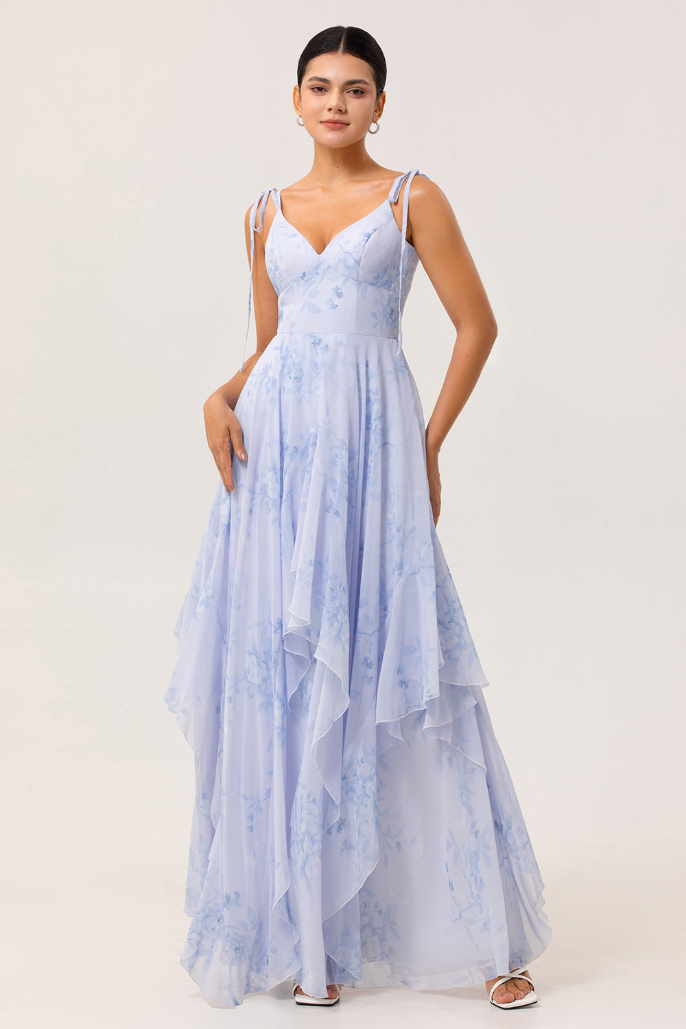 Blue Floral A Line Chiffon Long Bridesmaid Dress with Ruffles