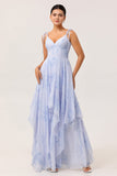 Blue Floral A Line Chiffon Long Bridesmaid Dress with Ruffles