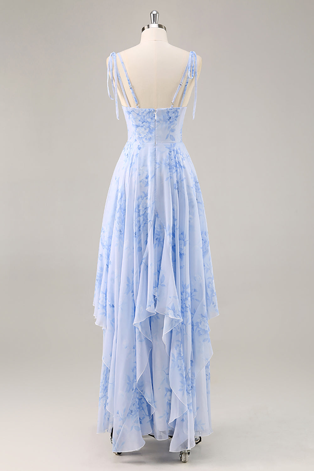 Blue Chiffon Floral A Line Long Bridesmaid Dress with Ruffles