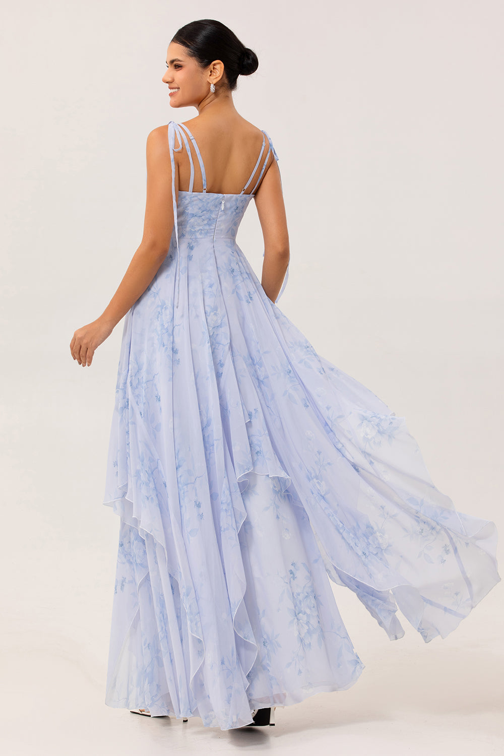 Blue Floral A Line Chiffon Long Bridesmaid Dress with Ruffles