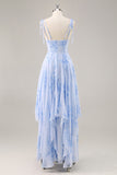 Blue Chiffon Floral A Line Long Bridesmaid Dress with Ruffles