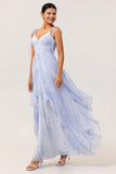 Blue Floral A Line Chiffon Long Bridesmaid Dress with Ruffles