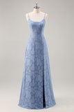 Dusty Blue Lace Spaghetti Straps A Line Long Bridesmaid Dress with Slit
