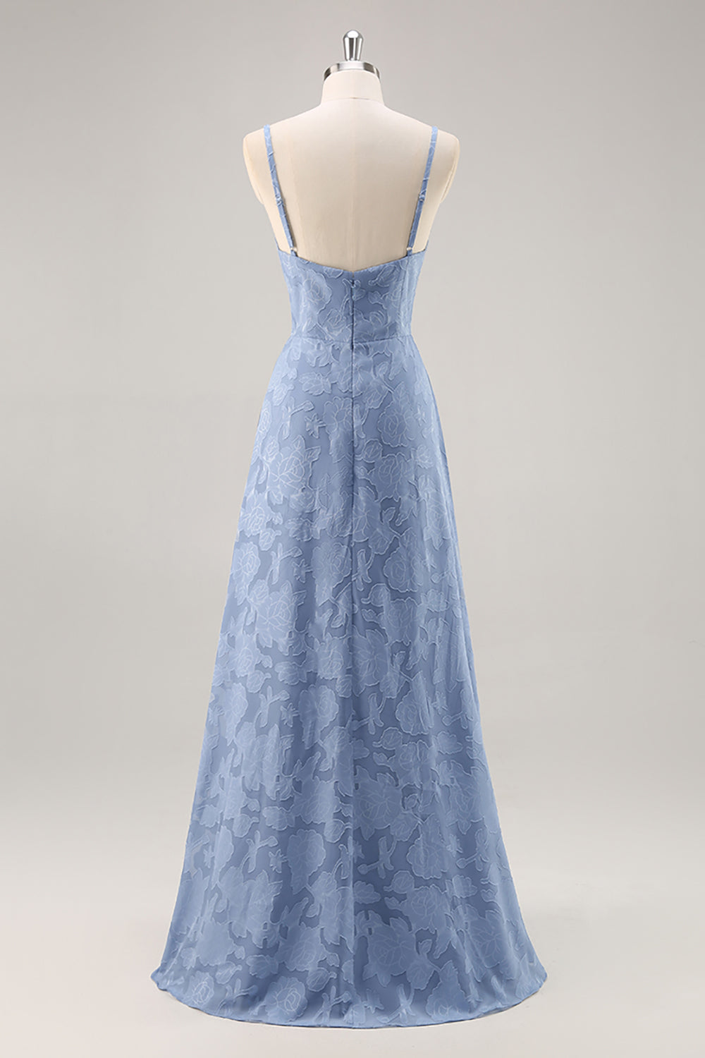 Dusty Blue Lace Spaghetti Straps A Line Long Bridesmaid Dress with Slit
