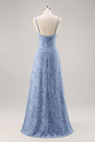 Dusty Blue Lace Spaghetti Straps A Line Long Bridesmaid Dress with Slit