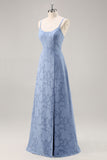 Dusty Blue Lace Spaghetti Straps A Line Long Bridesmaid Dress with Slit