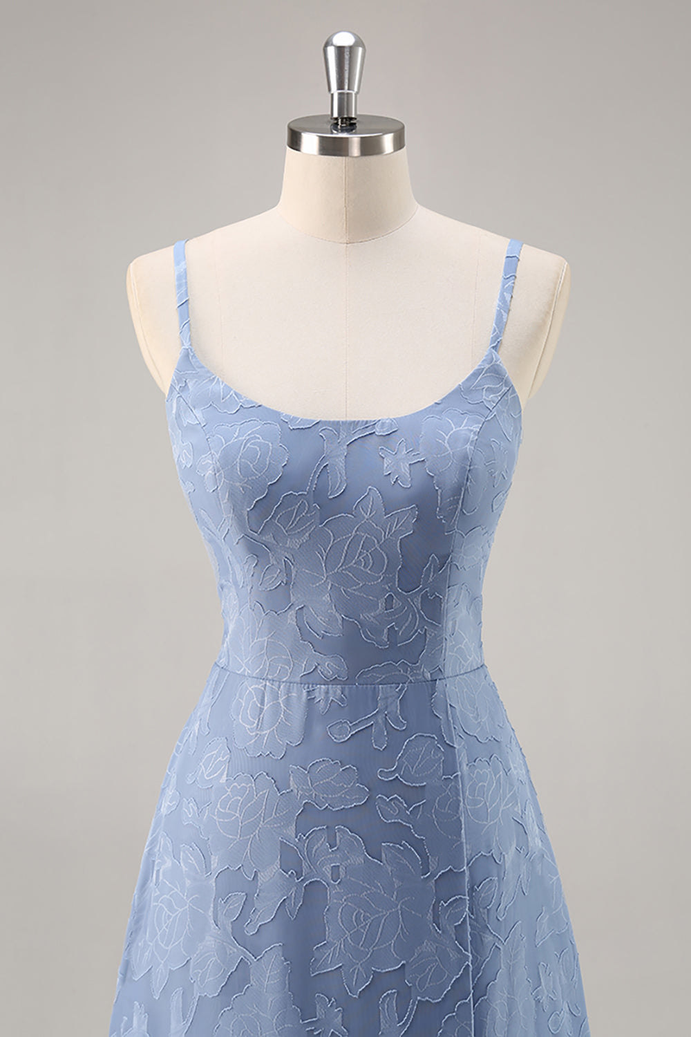 Dusty Blue Lace Spaghetti Straps A Line Long Bridesmaid Dress with Slit