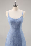 Dusty Blue Lace Spaghetti Straps A Line Long Bridesmaid Dress with Slit