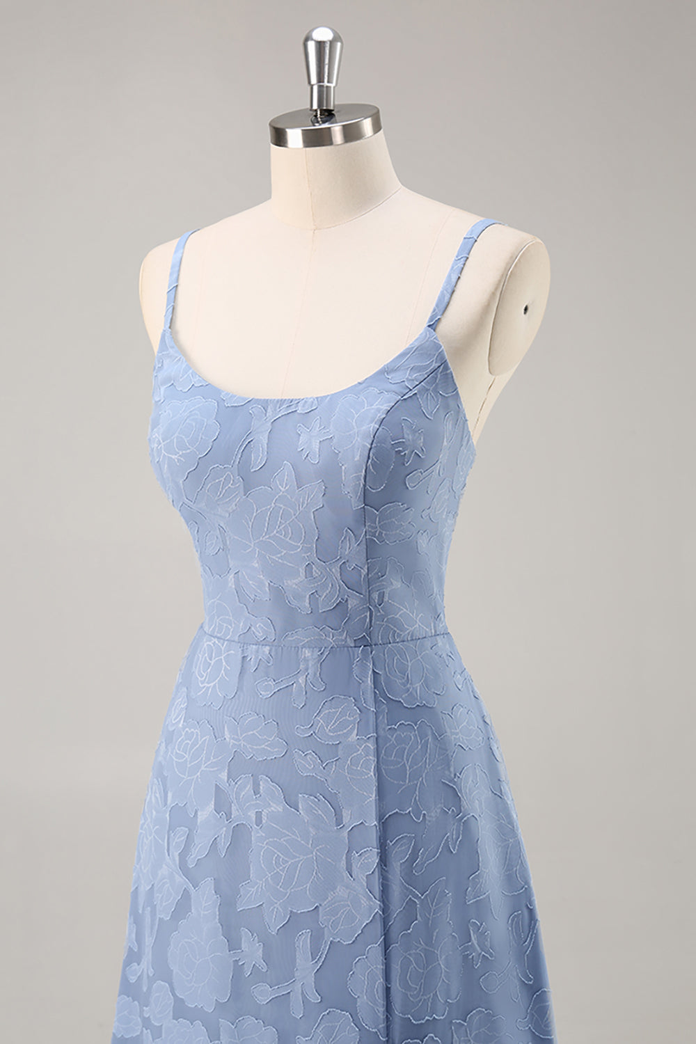 Dusty Blue Lace Spaghetti Straps A Line Long Bridesmaid Dress with Slit