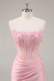 Pink Strapless Corset Beaded Short Tight Cocktail Dress