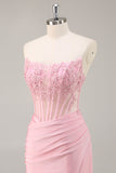 Pink Strapless Corset Beaded Short Tight Cocktail Dress