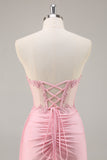 Pink Strapless Corset Beaded Short Tight Cocktail Dress