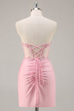 Pink Strapless Corset Beaded Short Tight Cocktail Dress