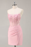 Pink Strapless Corset Beaded Short Tight Cocktail Dress