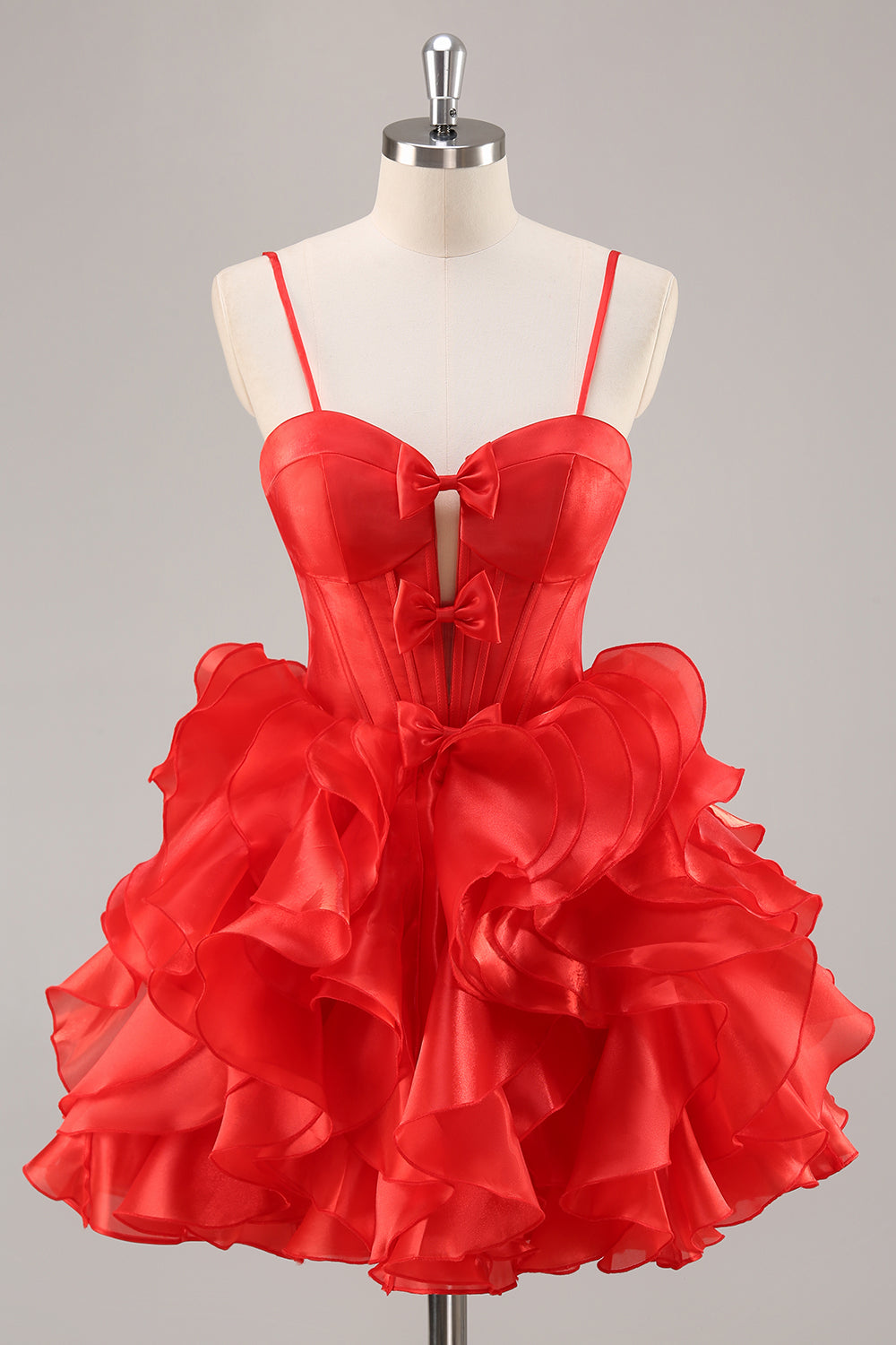 Red A Line Corset Keyhole Ruffled Short Prom Dress With Bows
