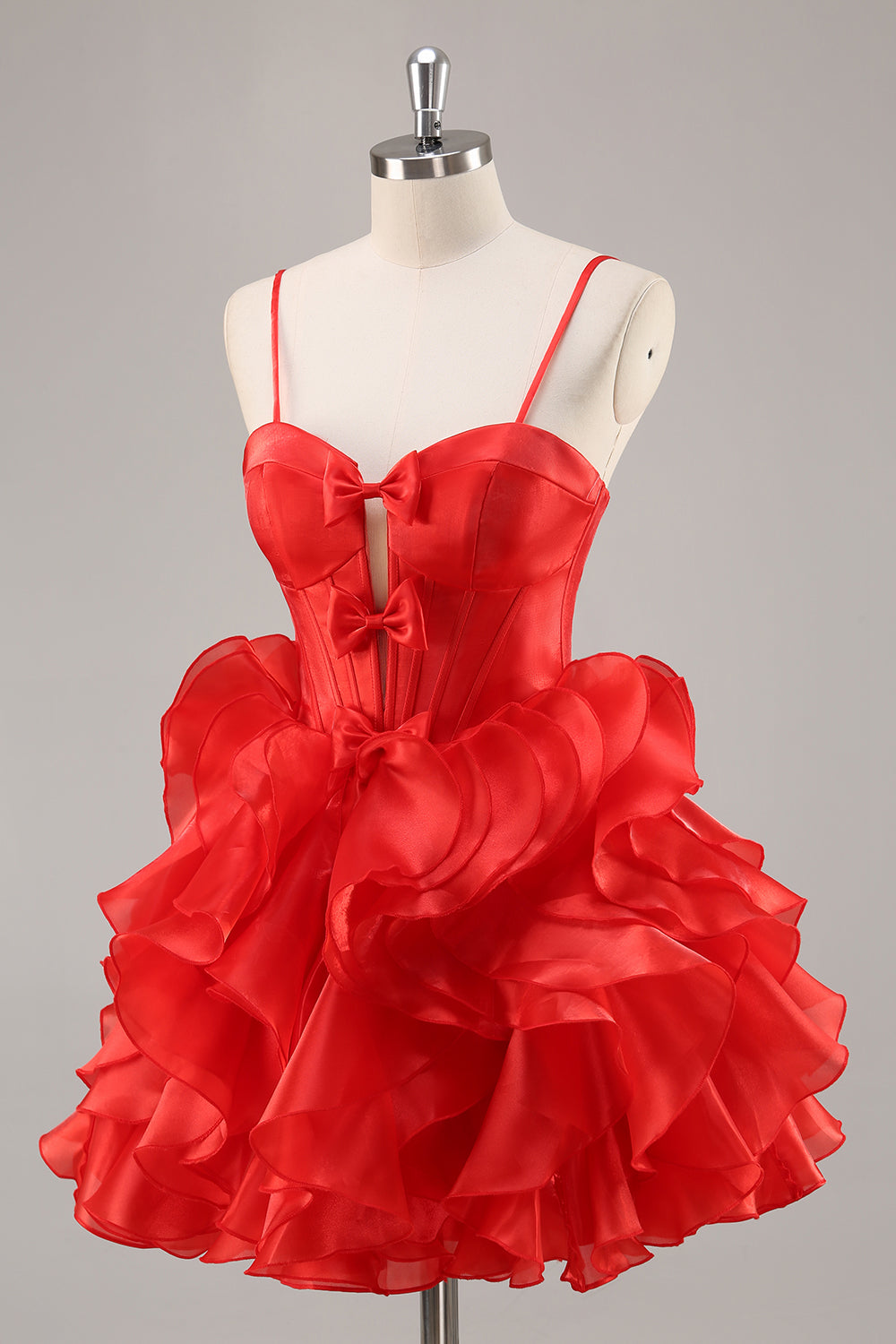 Red A Line Corset Keyhole Ruffled Short Prom Dress With Bows