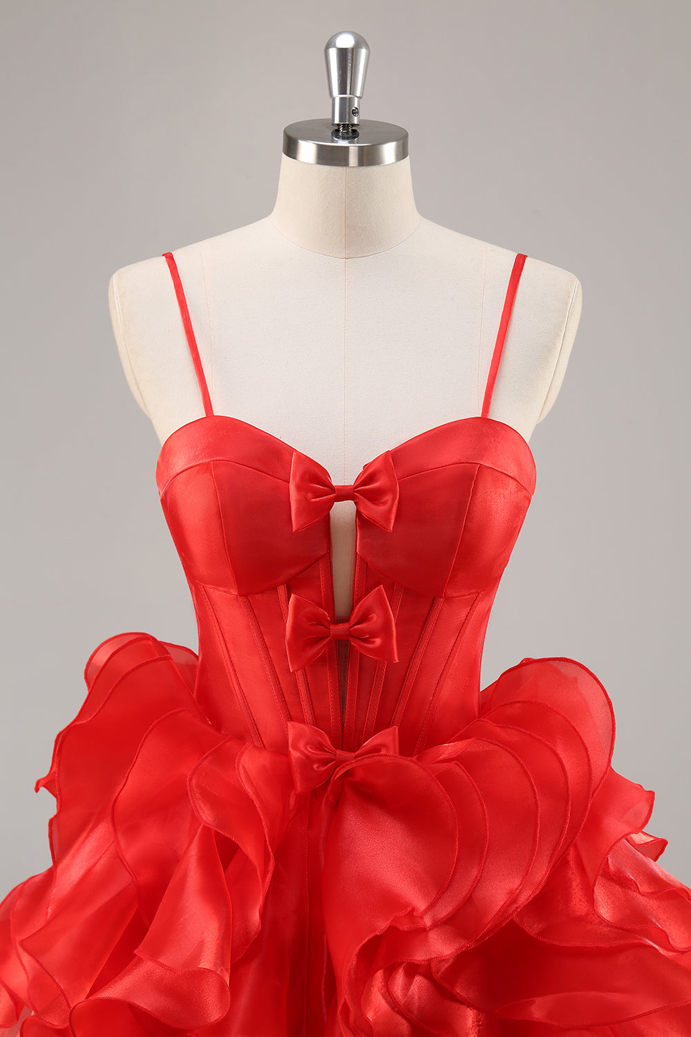 Red A Line Corset Keyhole Ruffled Short Prom Dress With Bows