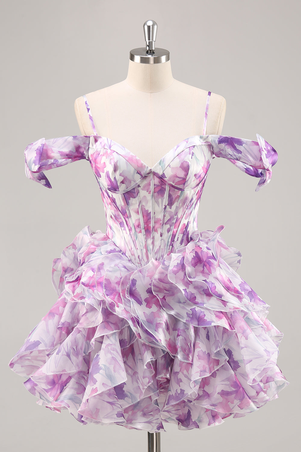 Purple Cold Shoulder A Line Printed Corset Short Prom Dress With Ruffles