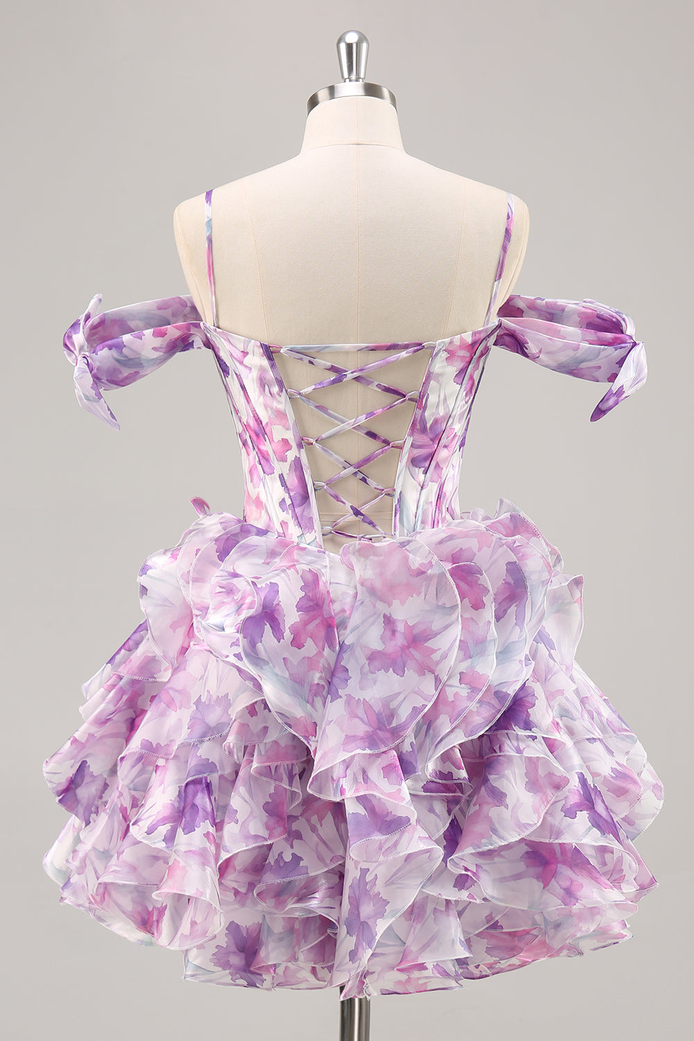 Purple Cold Shoulder A Line Printed Corset Short Prom Dress With Ruffles