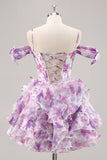 Purple Cold Shoulder A Line Printed Corset Short Prom Dress With Ruffles