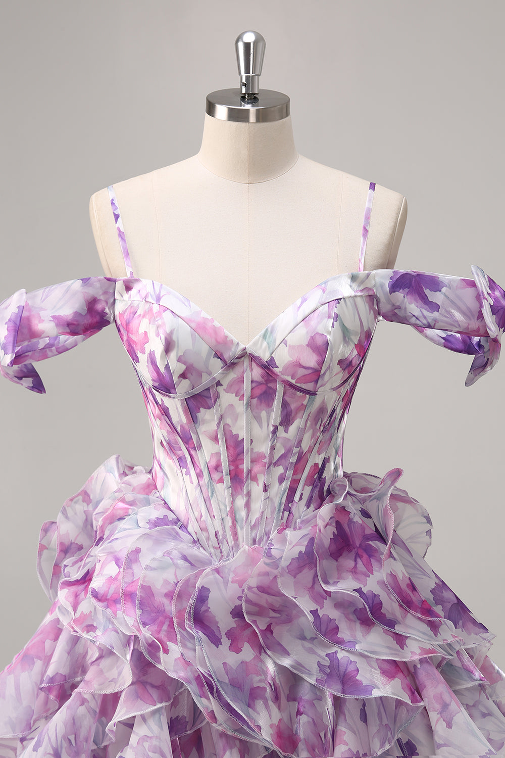 Purple Cold Shoulder A Line Printed Corset Short Prom Dress With Ruffles