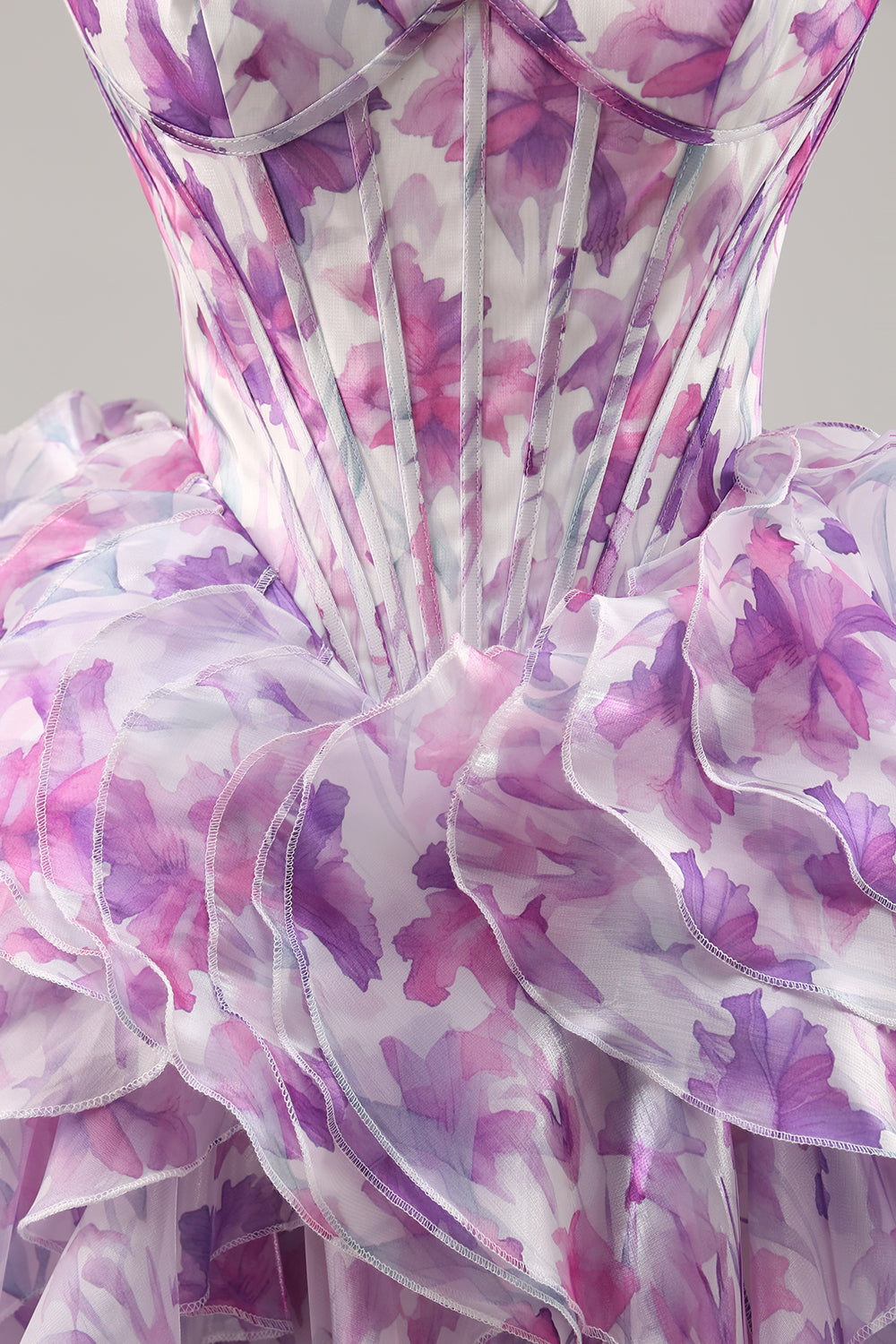 Purple Cold Shoulder A Line Printed Corset Short Prom Dress With Ruffles