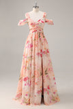 Pink Floral Ruched Long Bridesmaid Dress with Slit